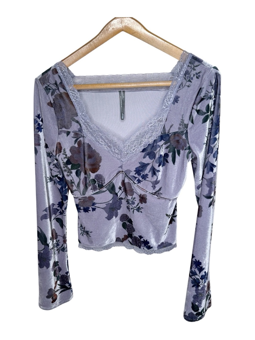 Anthropologie Floral Velvet Cropped Top Lace Trim Size Medium Fairy Romantic - Picture 2 of 12